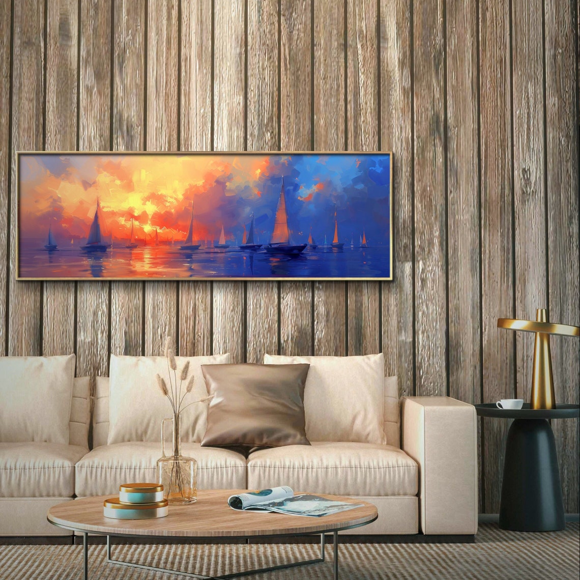 Sailboats at Sunset Orange Blue Sea Panoramic Seascape Poster - Image 2