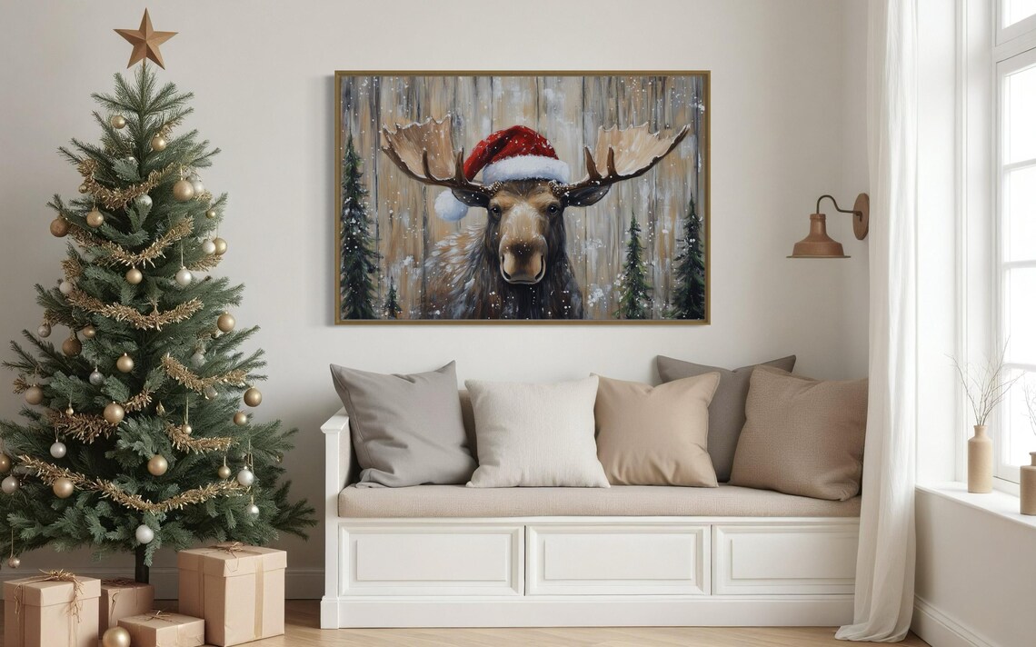 Santa Moose Christmas Art Print, Rustic Holiday Decor - Image 2