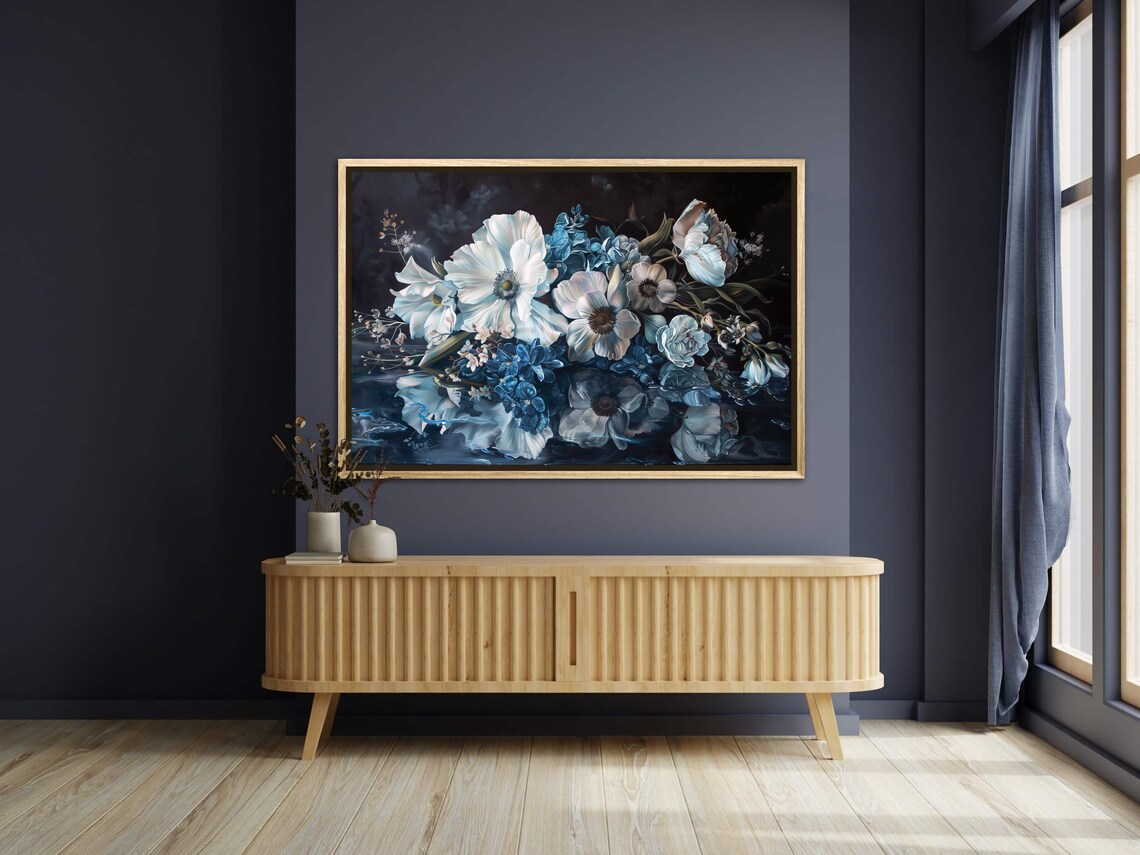 White Blue Wildflowers Dark Floral Still Life Botanical Art Poster - Image 2