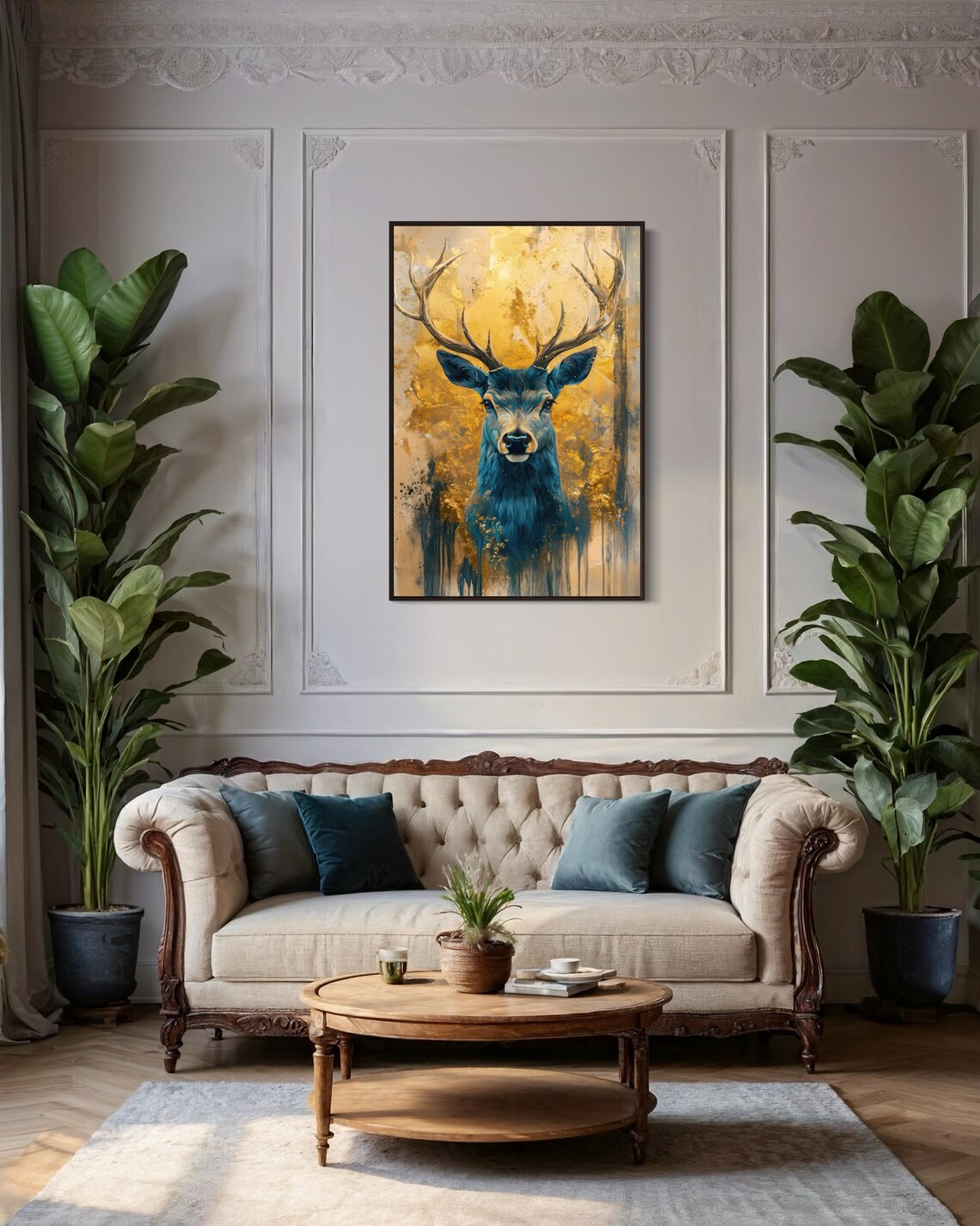 Blue Deer Art Print, Golden Background Rustic Poster - Image 3