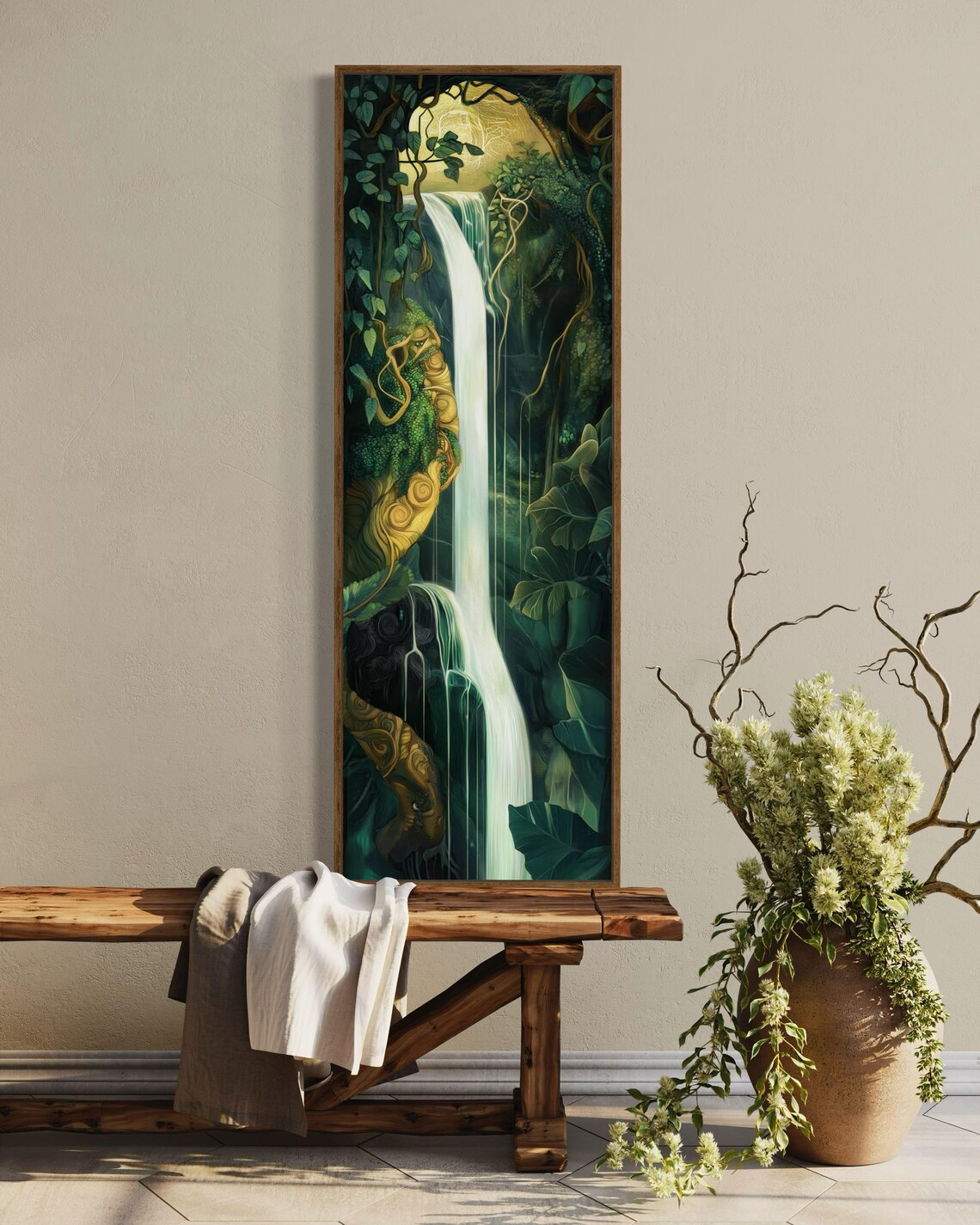 Lush Greenery Waterfall Art Print Enchanted Forest Scene Tall Vertical For Relaxing Narrow Wall Decor - Image 5