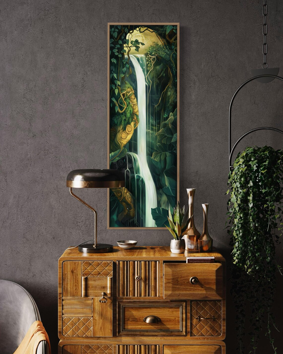 Lush Greenery Waterfall Art Print Enchanted Forest Scene Tall Vertical For Relaxing Narrow Wall Decor - Image 2