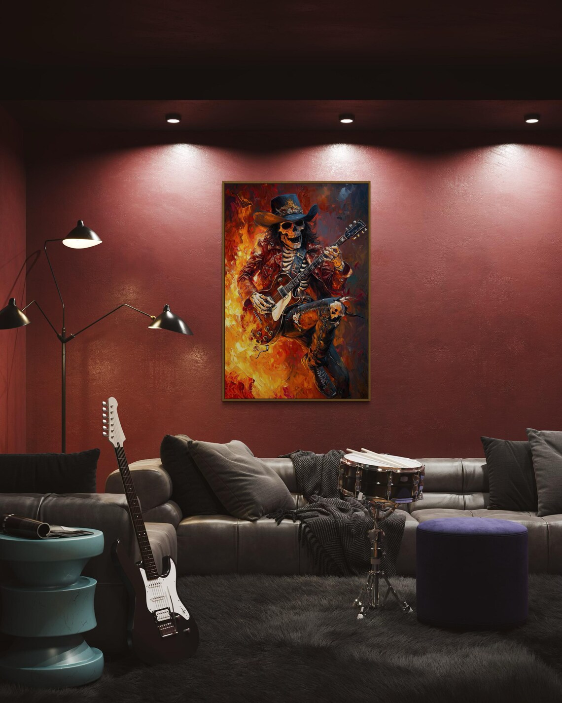 Fiery Skeleton Guitarist Rock N Roll Flames Electric Guitar Wall Art Print - Image 4