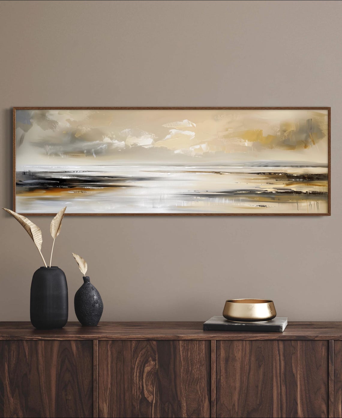 Calming Coastal Abstract Beige Grey Gold Panoramic Wall Art Print - Image 4