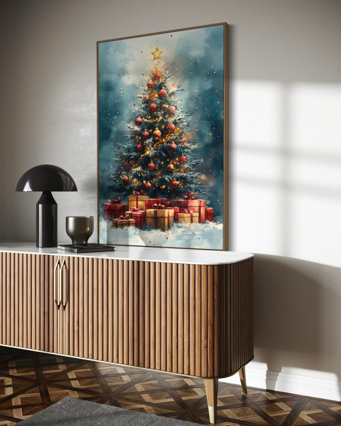 Festive Christmas Tree Glowing Lights Red Ornaments Gifts Poster - Image 3
