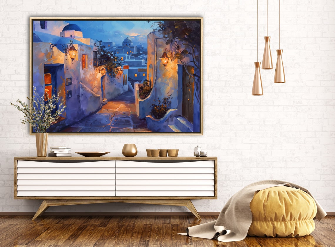 Santorini Greece Blue Hour Whitewashed Alley Lantern Lights Poster - Image 3