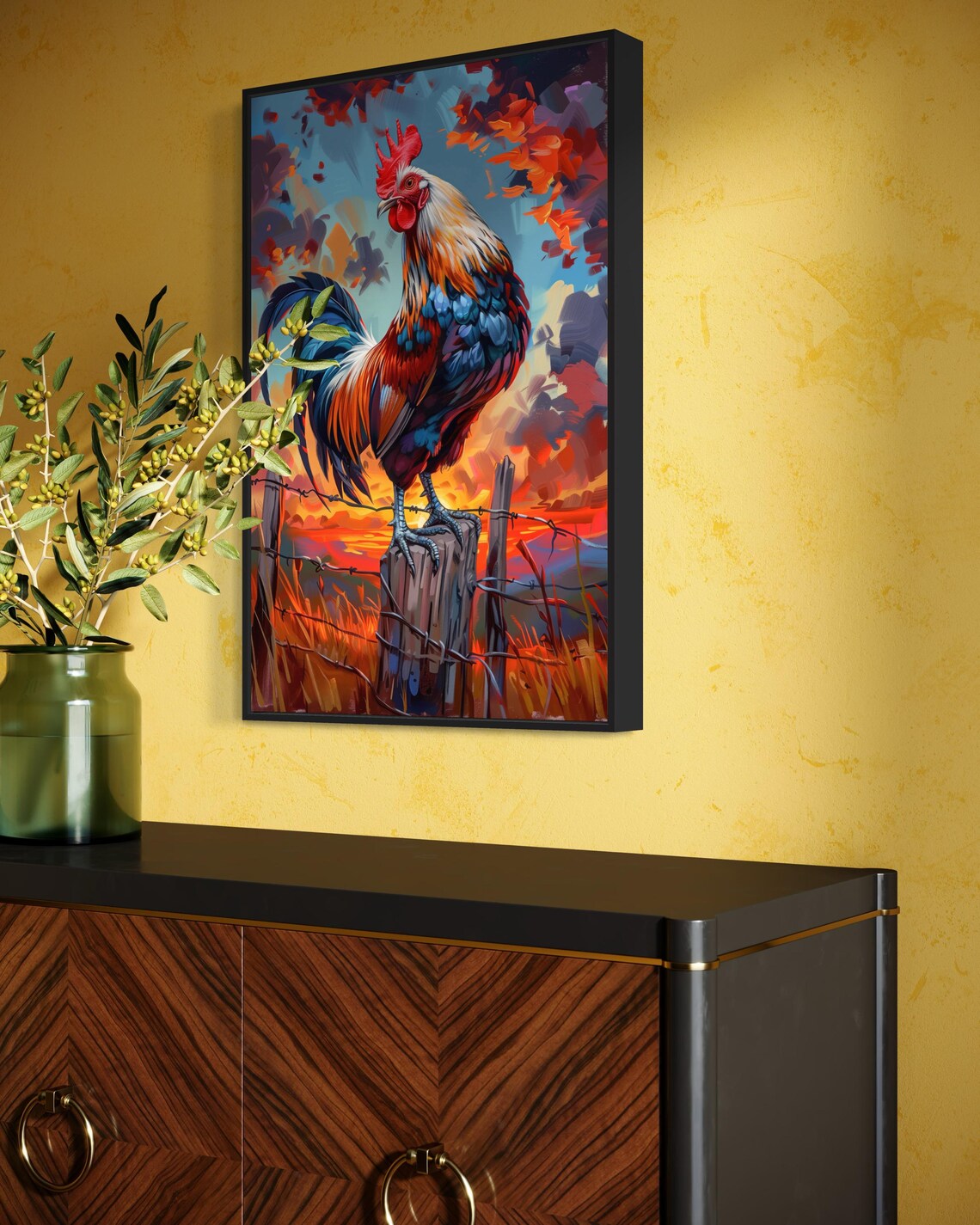 Eye Catching Rooster Painting Vibrant Rural Sunrise Animal Art Poster - Image 4