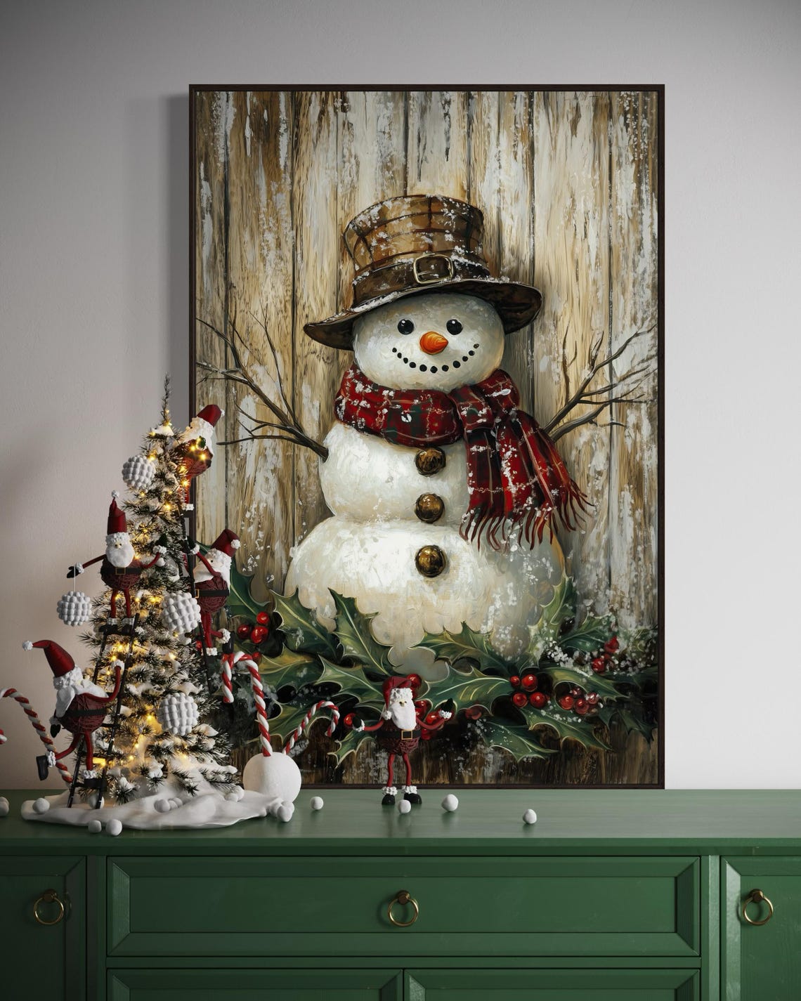 Rustic Snowman Plaid Hat Holly Vintage Christmas Farmhouse Wall Art - Image 5