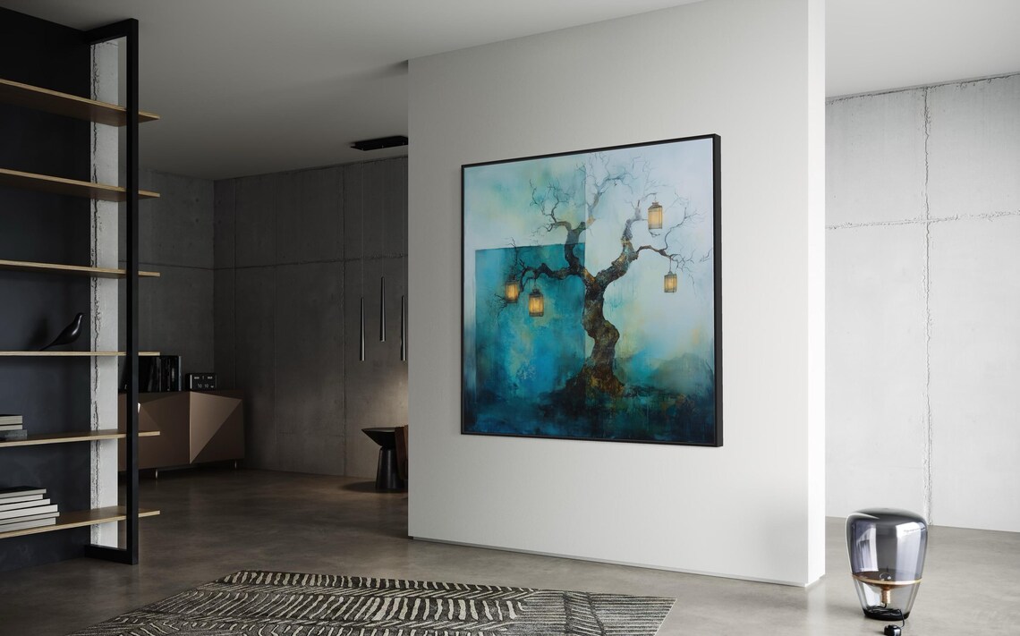 Mystical Lantern Tree Wall Art Abstract Tree Print With Glowing Lights Calming Surreal Artwork For Modern Home Or Above Bed Decor - Image 3