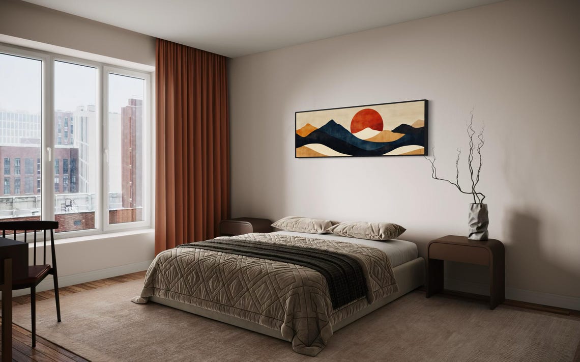 Abstract Mountain Wall Art Minimalist Layered Landscape Print With Bold Red Sun Earthy Tones And Modern Geometric Design - Image 3