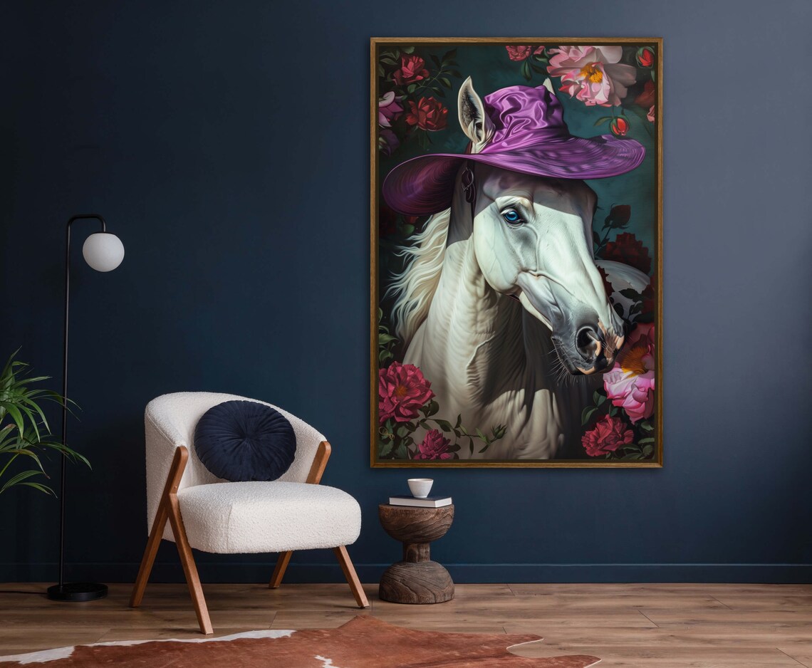 Regal White Horse Purple Hat Red Roses Equine Floral Art Poster - Image 2