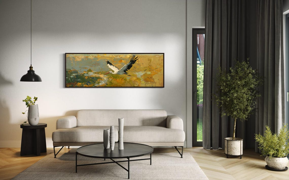 White Stork in Flight Over Golden Marsh Abstract Wildlife Poster - Image 3