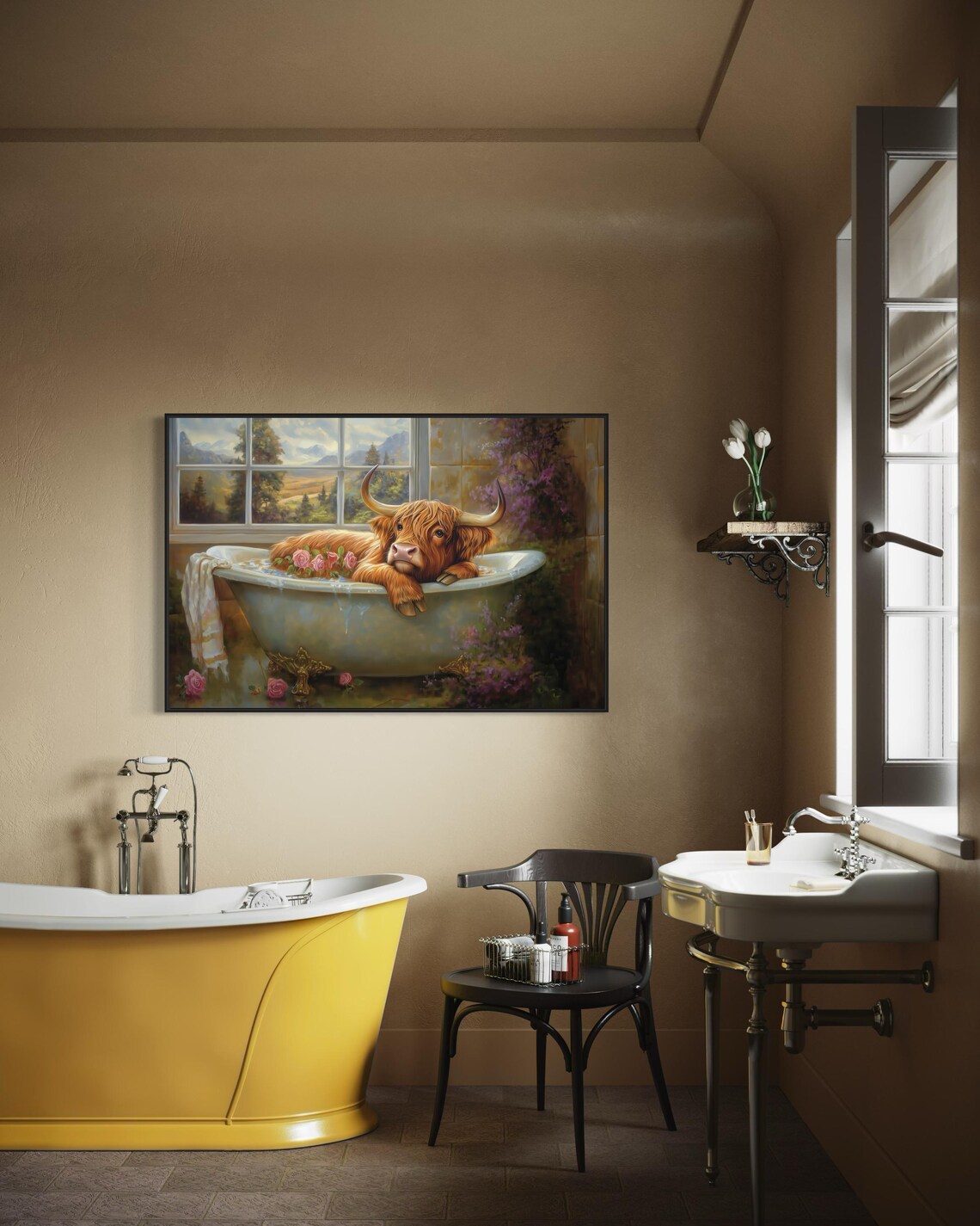 Highland Cow Relaxing In Flower Bathtub Cute Bathroom Wall Art - Image 4