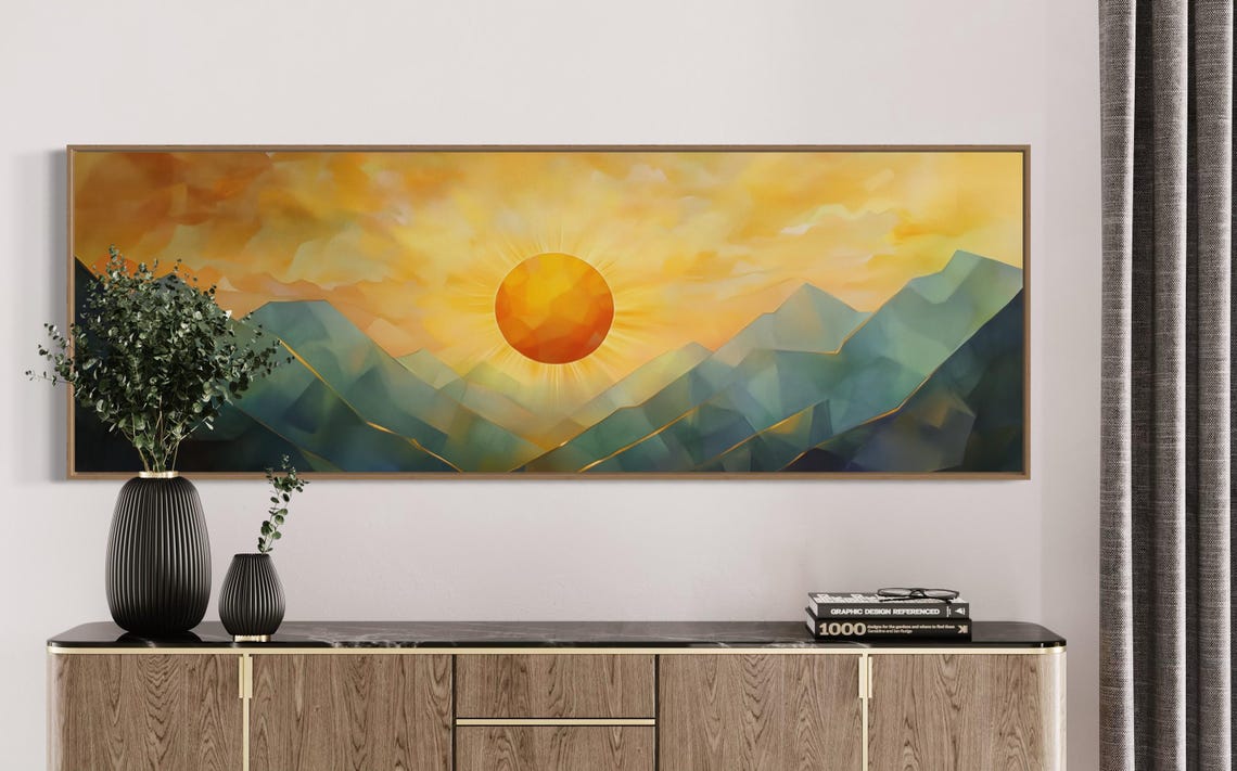 Geometric Style Mountain Sunrise Panoramic Mountain Wall Art Print Perfect Long Narrow Print For Above Bed Or Couch Decor - Image 5