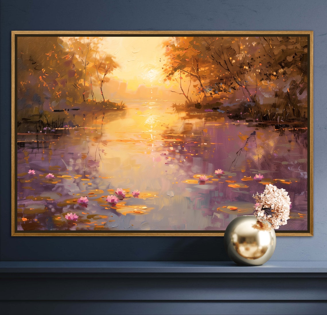 Vibrant Water Lilies Golden Sunset Pond Impressionist Art Poster - Image 4