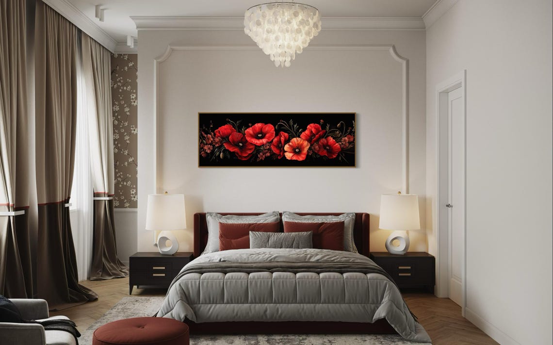 Bold Red Poppy Floral Dark Background Panoramic Elegant Poster - Image 3