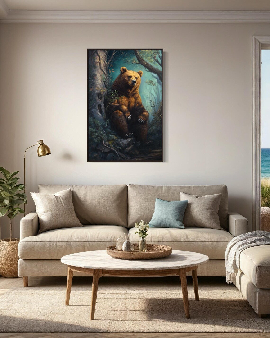 Majestic Brown Bear Forest Sitting Misty Woods Realistic Wildlife Art Poster - Image 2