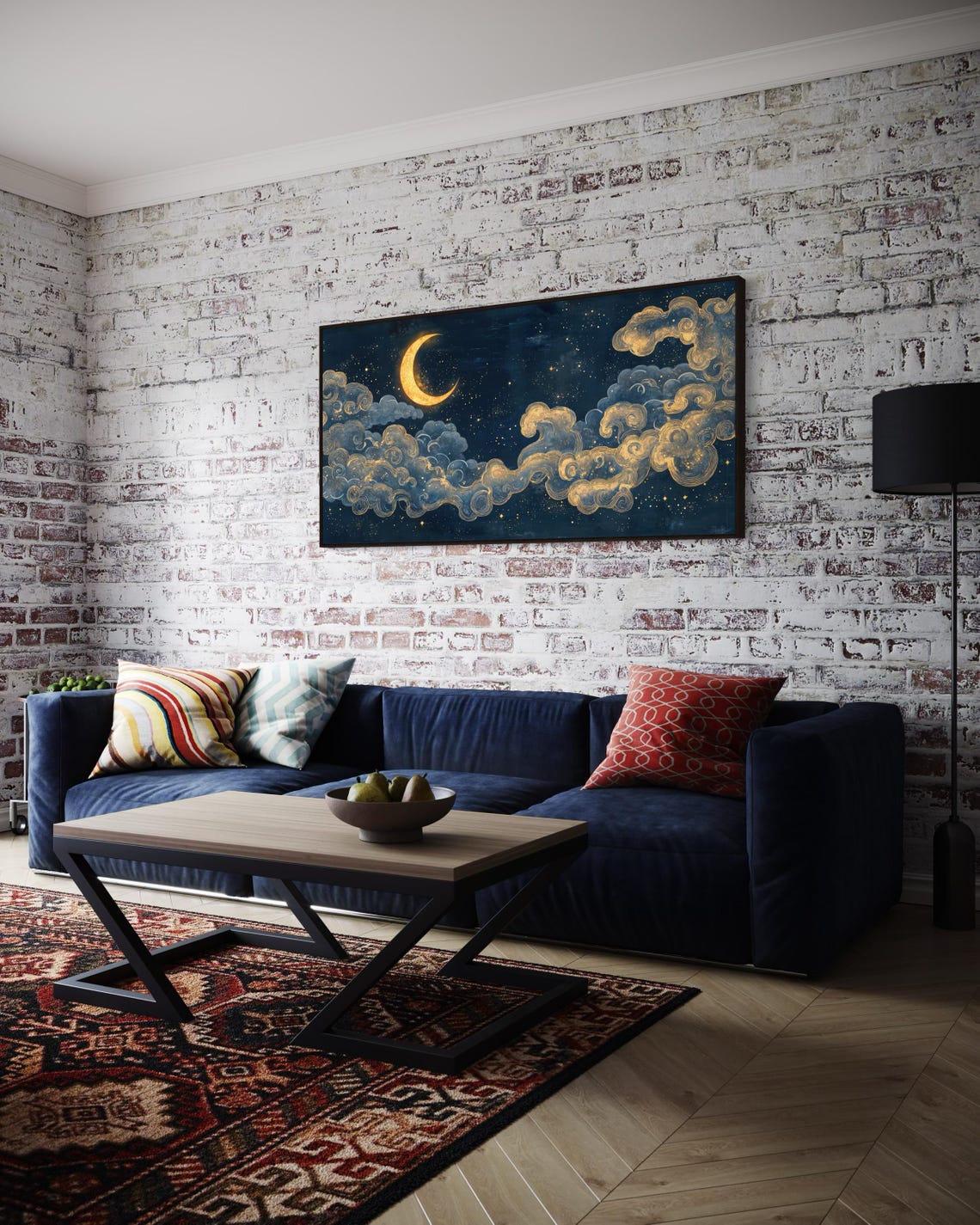 Dreamy Starry Night Crescent Moon Print Atmospheric Panoramic Wall Art For Celestial Decor Deep Blue Ethereal Sky Painting Print - Image 4