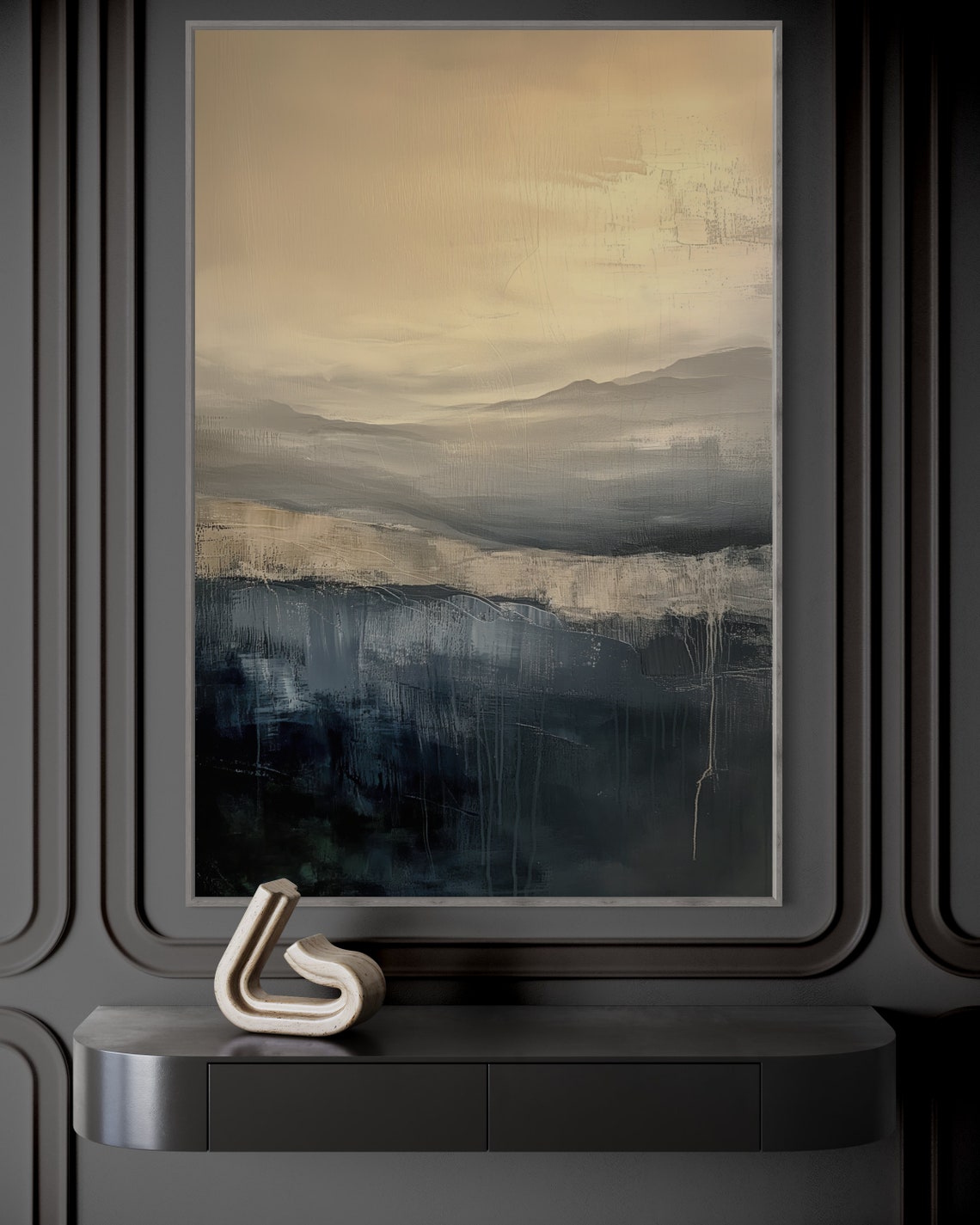 Monochrome Minimalist Mountains Black And Beige Abstract Landscape Art Print Luxury Neutral Clouds For Rustic Decor - Image 3