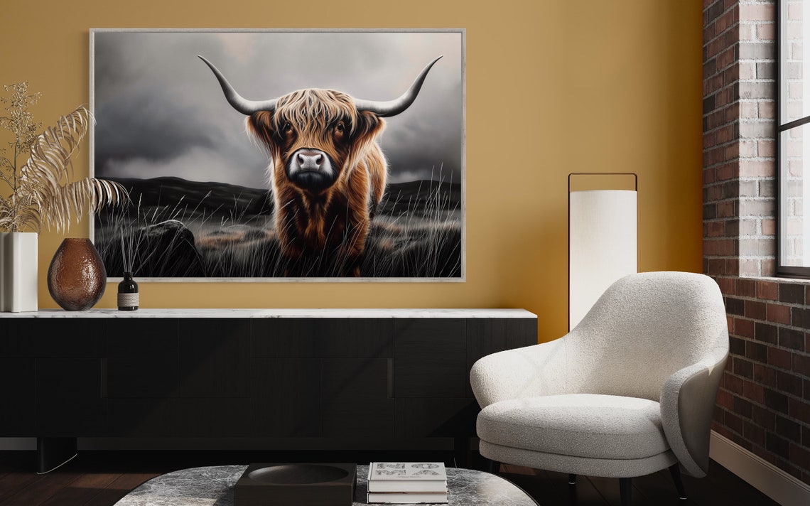 Highland Cow Portrait Stormy Gray Sky Autumn Berries Rustic Poster - Image 3