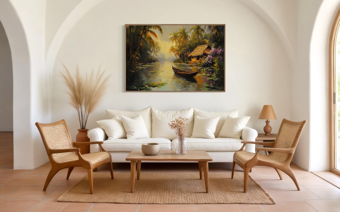 Tropical Sunset River Boho Jungle Canoe Art Print - Image 2