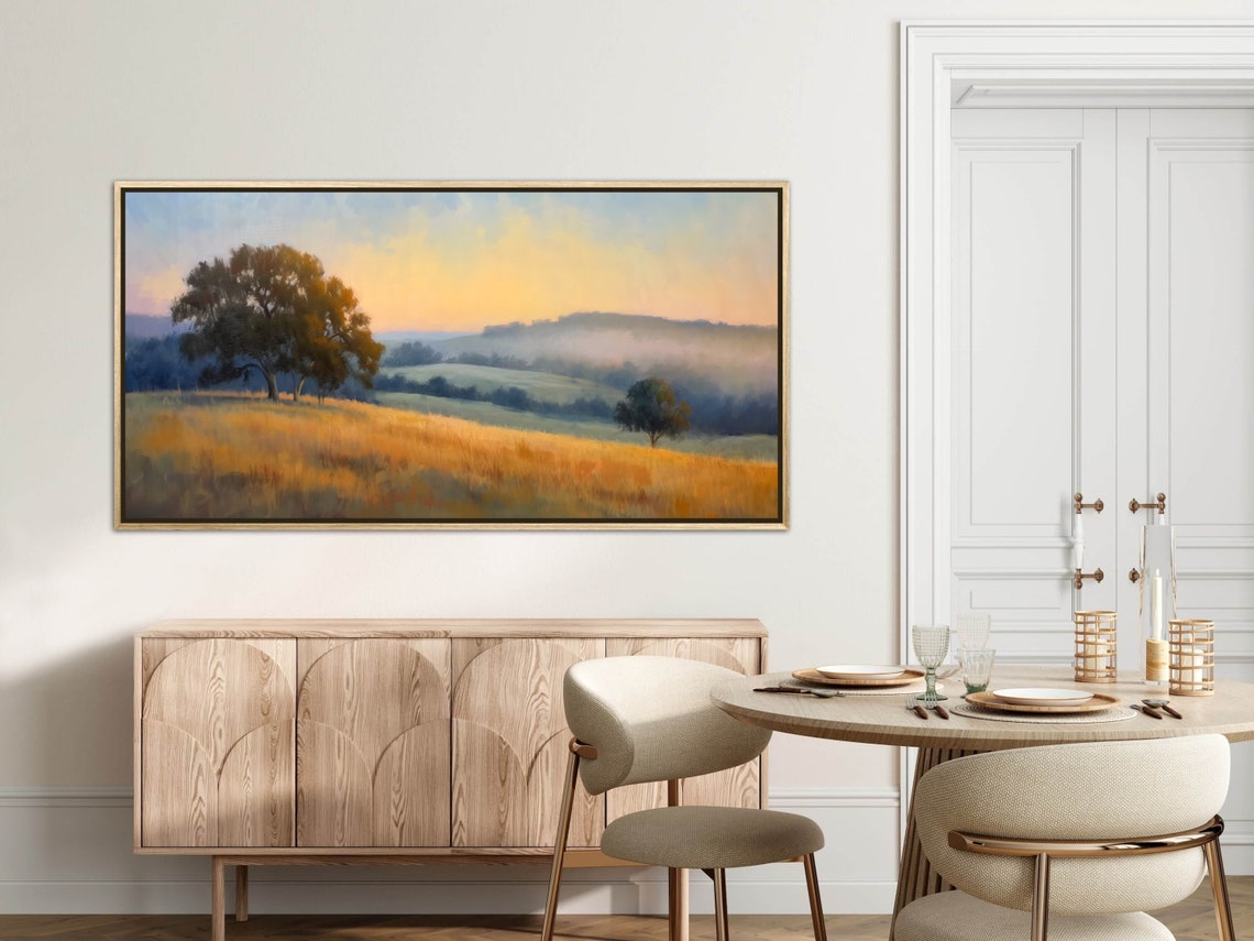 Misty Meadow Dawn Golden Grass Oak Tree Pastoral Panoramic Poster - Image 3