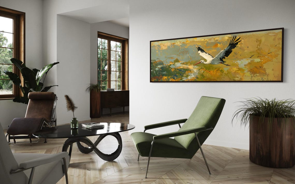 White Stork in Flight Over Golden Marsh Abstract Wildlife Poster - Image 4