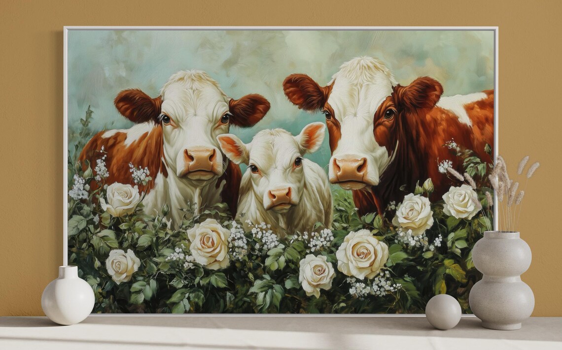 Cow Family Portrait White Roses Whimsical Farmhouse Floral Art Poster - Image 5