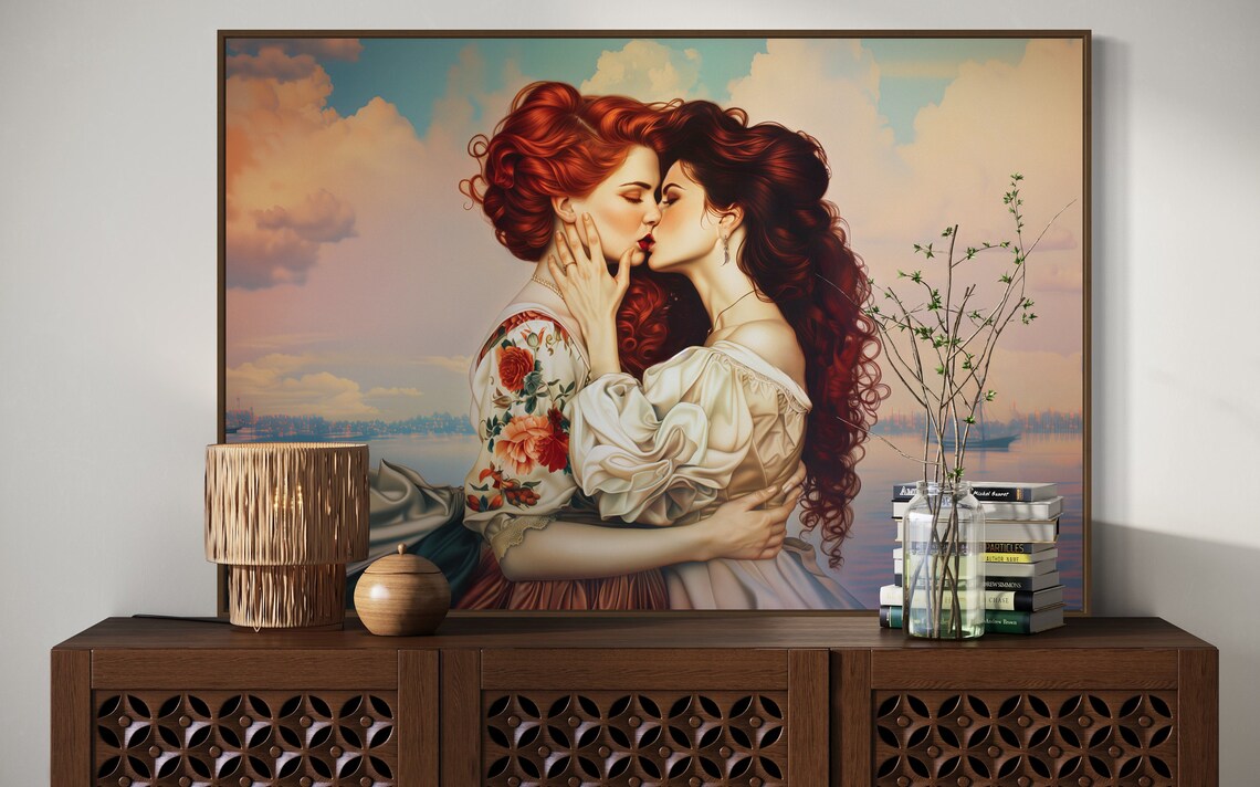 Romantic Redhead Couple Kiss Vintage Painterly Romance Art Portrait Poster - Image 3