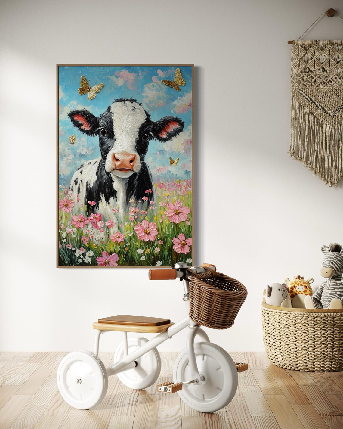 Whimsical Calf Art Charming Cow Print With Pink Wildflowers And Golden Butterflies Farmhouse Decor For Nursery Or Girls Room - Image 4