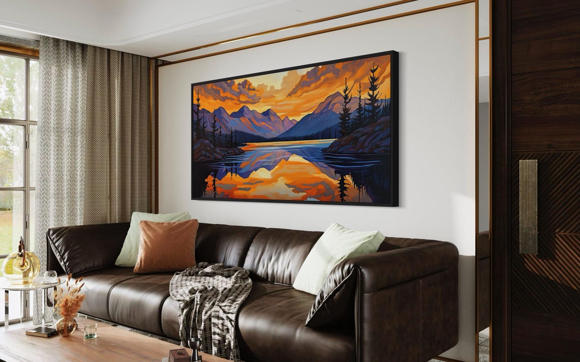 Orange Sunset Mountain Lake Panoramic Reflection Scenic Travel Poster - Image 4