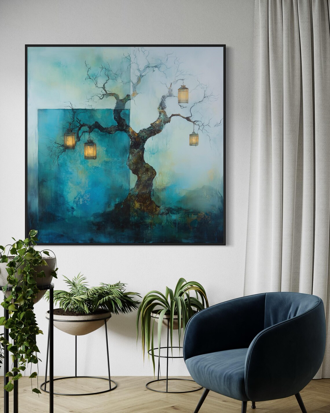 Mystical Lantern Tree Wall Art Abstract Tree Print With Glowing Lights Calming Surreal Artwork For Modern Home Or Above Bed Decor - Image 2
