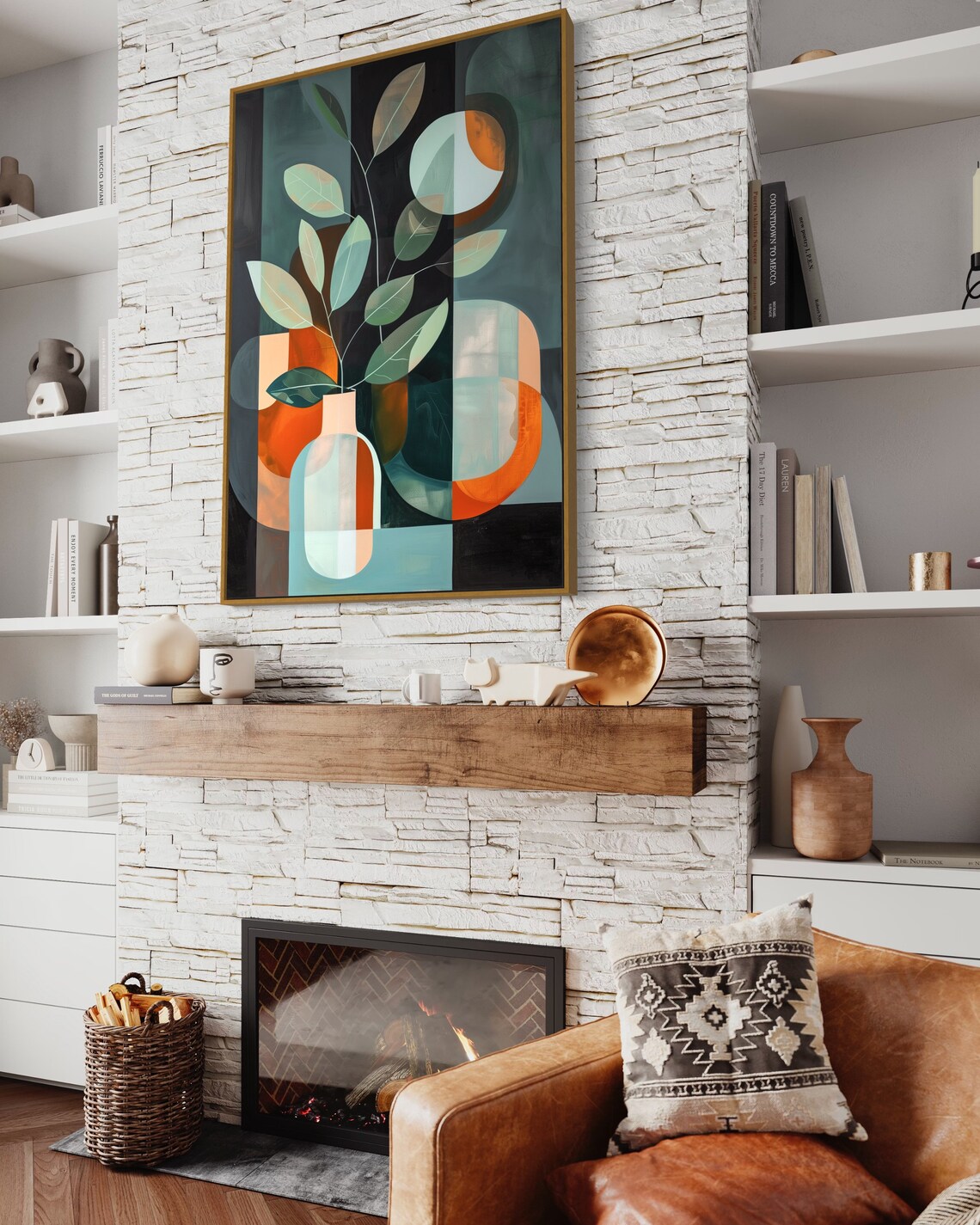 Boho Earth Tone Botanical Leaves Vase Mid Century Abstract Art Print - Image 3