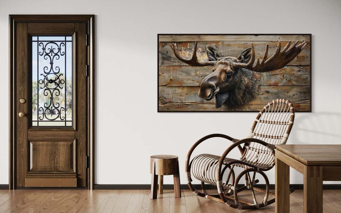 Majestic Moose Head Antlers Rustic Wood Plank Panoramic Wildlife Art Poster - Image 2