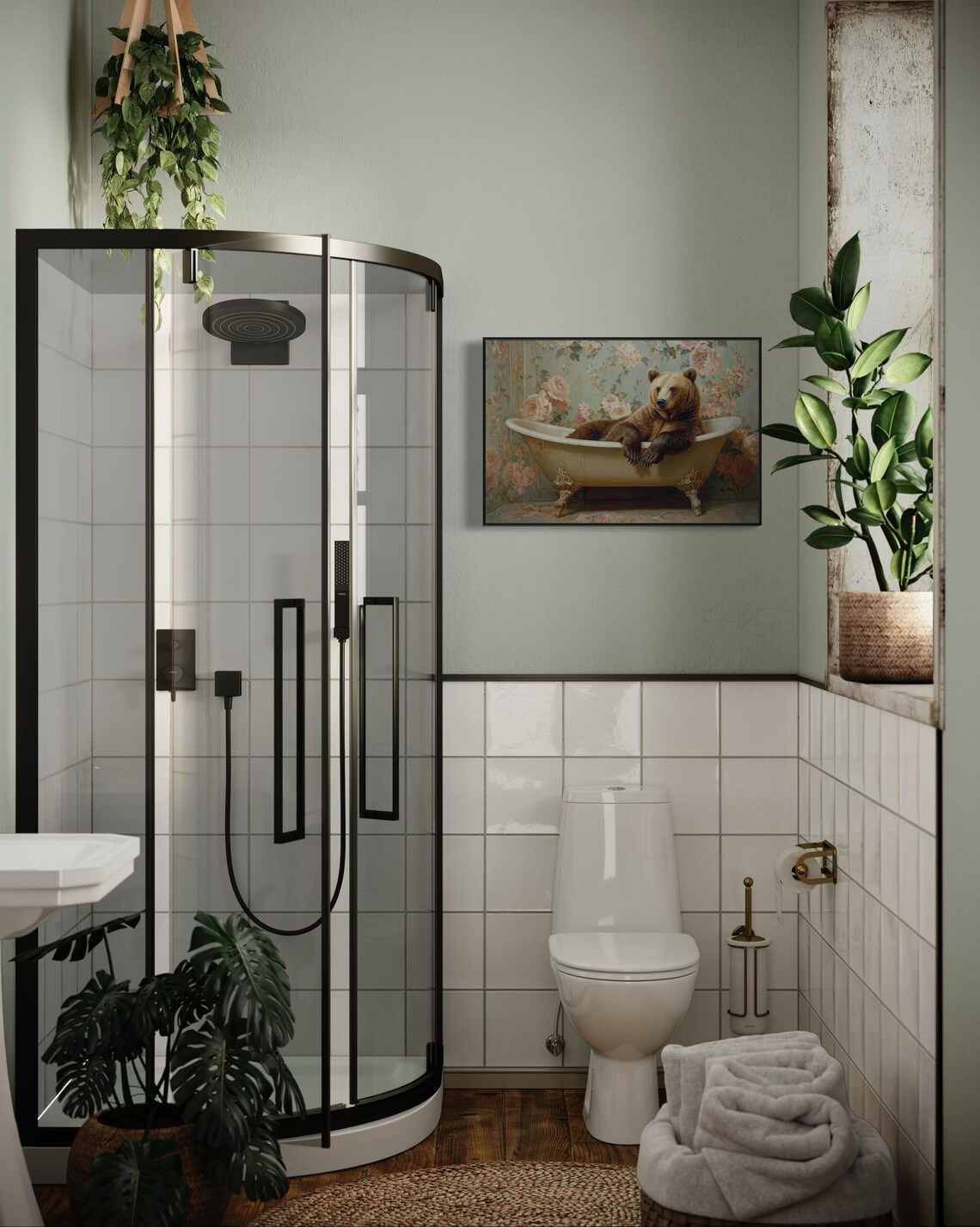 Grizzly Bear Lounging In Vintage Bathtub Floral Wallpaper Funny Art Poster - Image 4