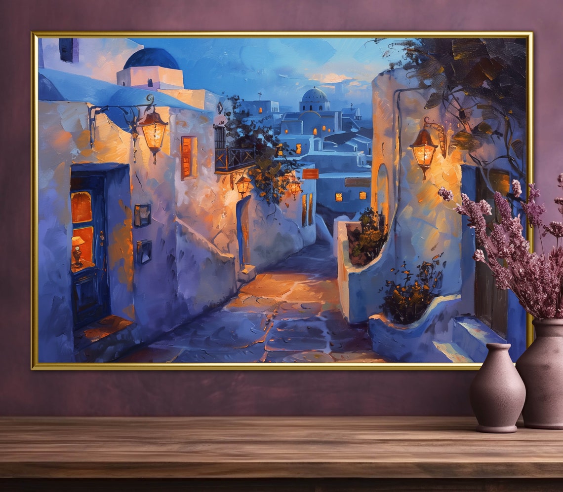 Santorini Greece Blue Hour Whitewashed Alley Lantern Lights Poster - Image 5