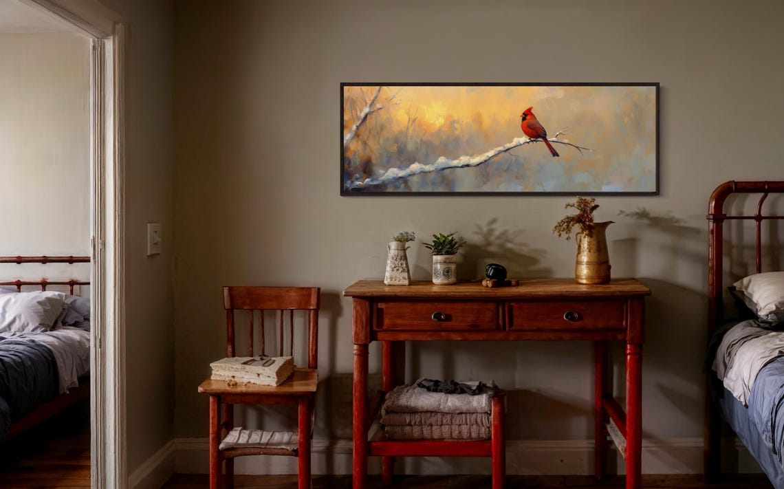 Moody Cardinal Art On Snowy Branch Panoramic Print For Rustic Wall Decor Perfect Winter Landscape Accent - Image 2