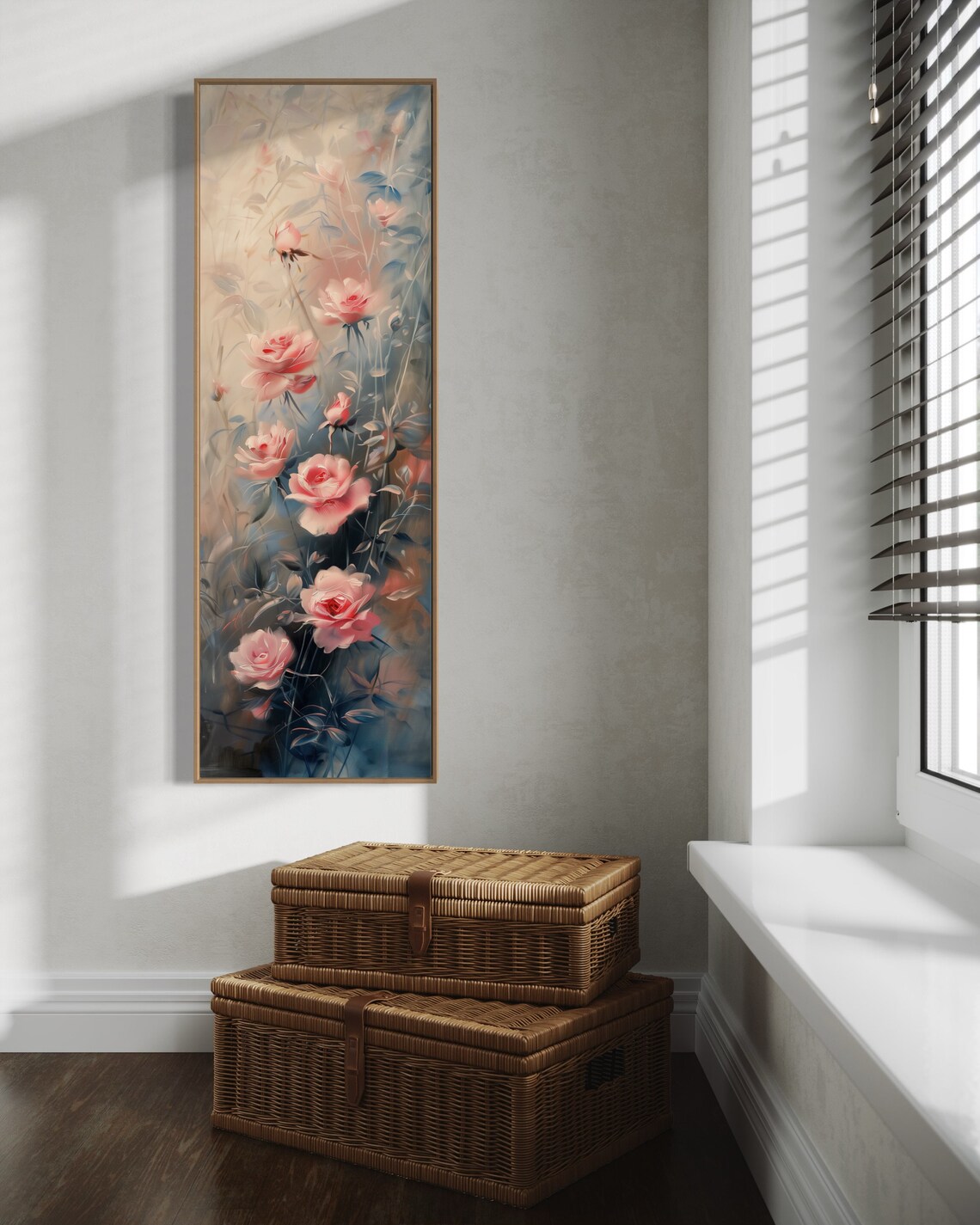 Pink Roses Abstract Floral Painting Vertical Narrow Wall Art Print - Image 2