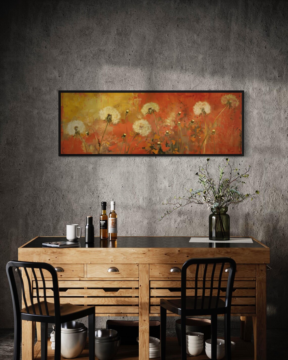 White Dandelion Seed Heads Fiery Orange Panoramic Summer Wall Art - Image 2