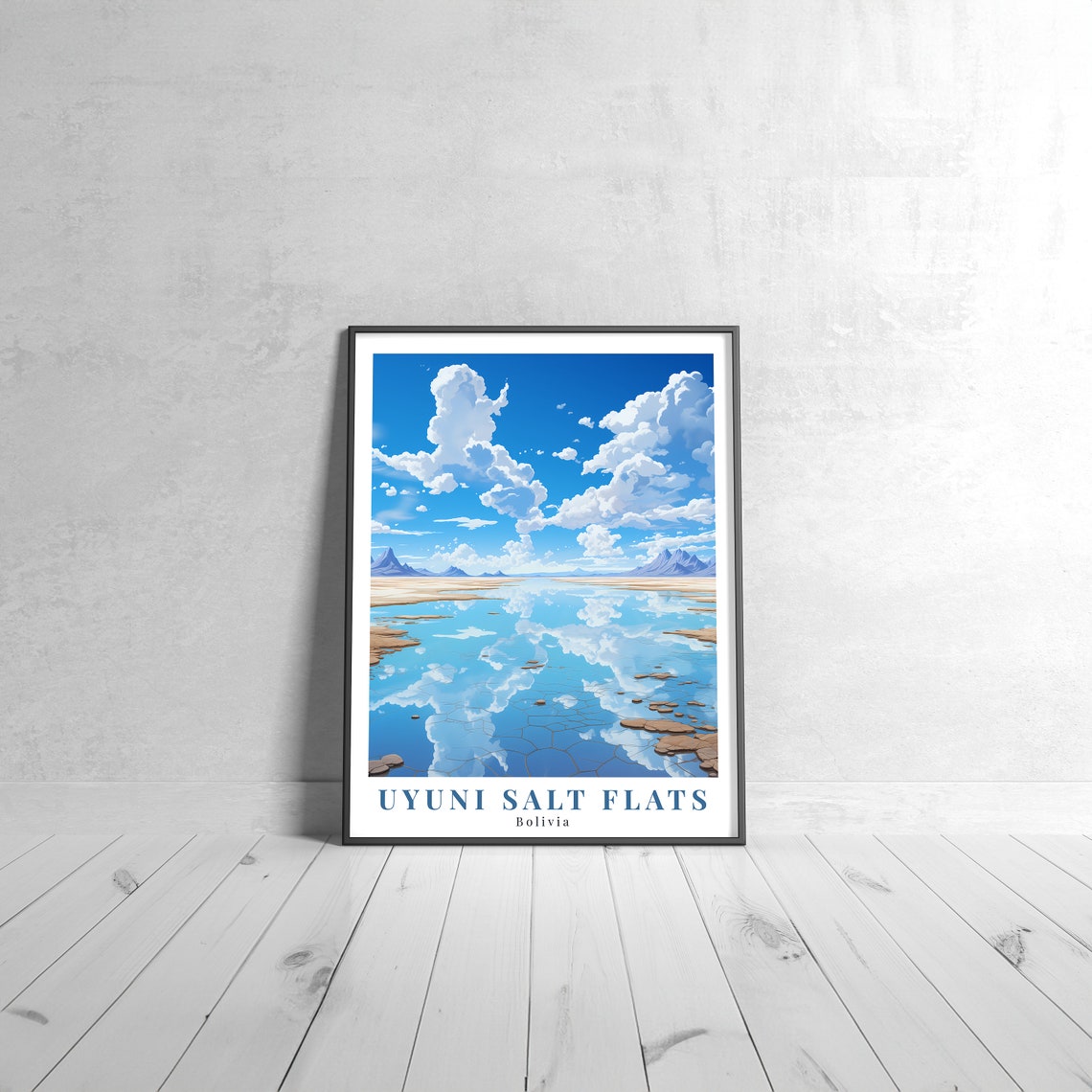 Uyuni Salt Flats Bolivia Mirror Sky Reflection Vintage Travel Poster