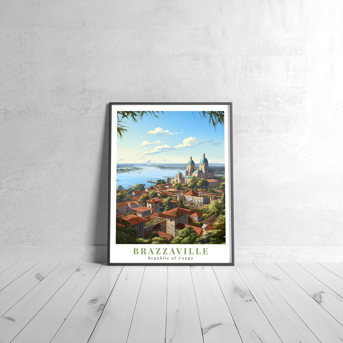 Brazzaville Republic of Congo Vintage Travel Poster River and Cathedral