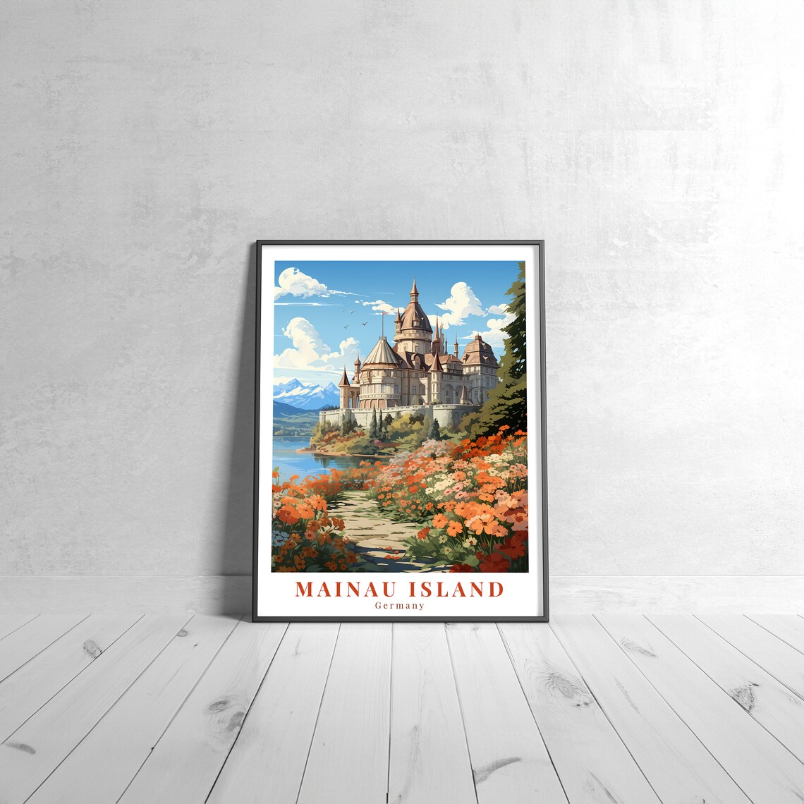 Mainau Island Germany Vintage Travel Poster Flower Castle Lakeview