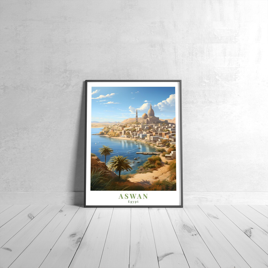 Aswan Egypt Nile Riverfront Mosque Palm Trees Vintage Travel Poster