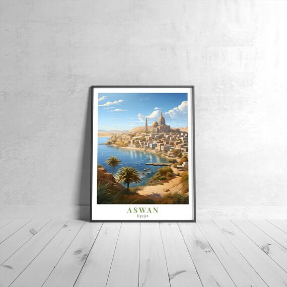 Aswan Egypt Nile Riverfront Mosque Palm Trees Vintage Travel Poster