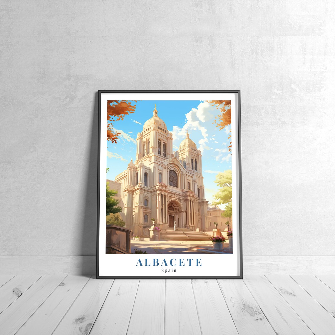 Albacete Spain Sunlit Grand Cathedral Facade Vintage Travel Poster