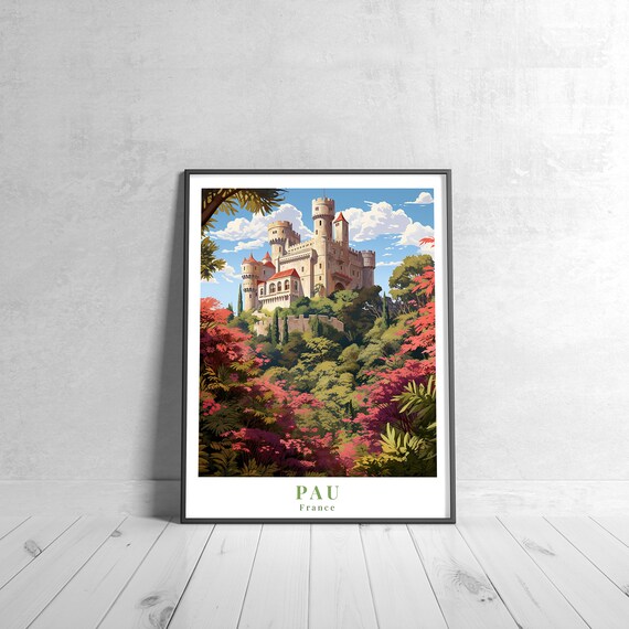 Pau France Vintage Retro Travel Hilltop Castle Red Foliage Art Poster