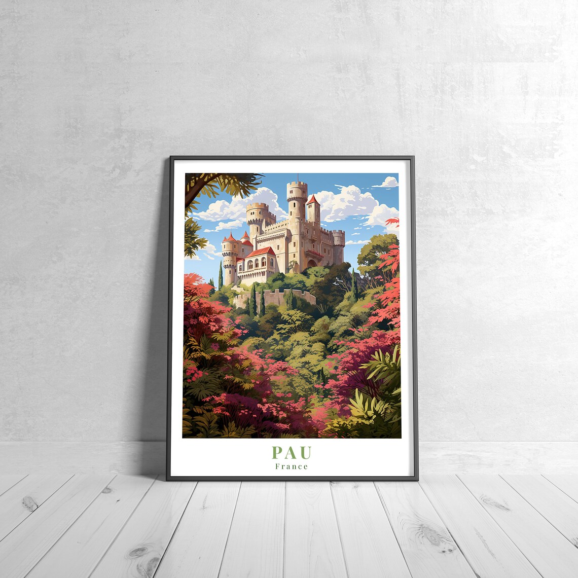 Pau France Vintage Retro Travel Hilltop Castle Red Foliage Art Poster