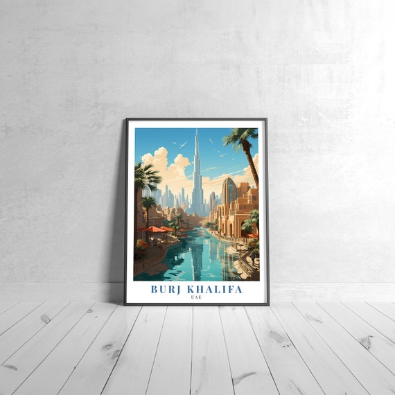 Burj Khalifa Vintage Travel Poster Retro Uae Art Print Colorful Home Decor Wall Unique Gift