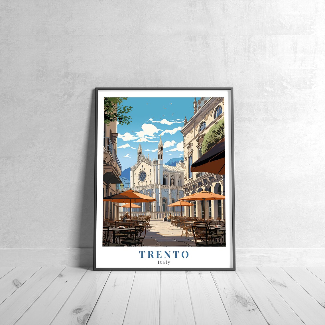 Trento Italy Cathedral Piazza Cafe Umbrellas Historic Square Travel Poster