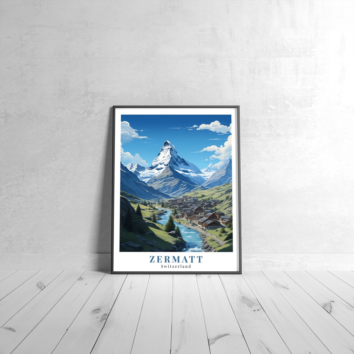 Zermatt Switzerland Matterhorn Village River Vintage Travel Poster Art
